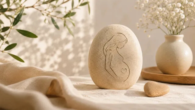 Pierre gravée d'une femme enceinte dans un intérieur calme et lumineux