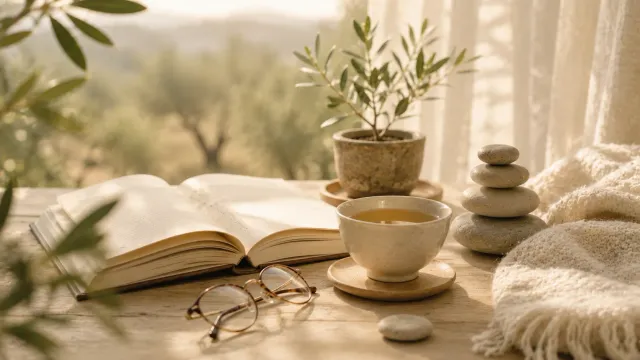 Livre ouvert, lunettes et tasse de thé sur une table avec des galets empilés