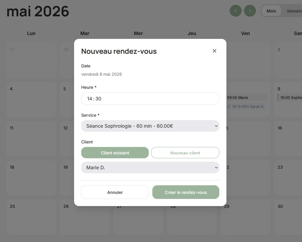 Holia Pro — agenda praticien, Création manuelle