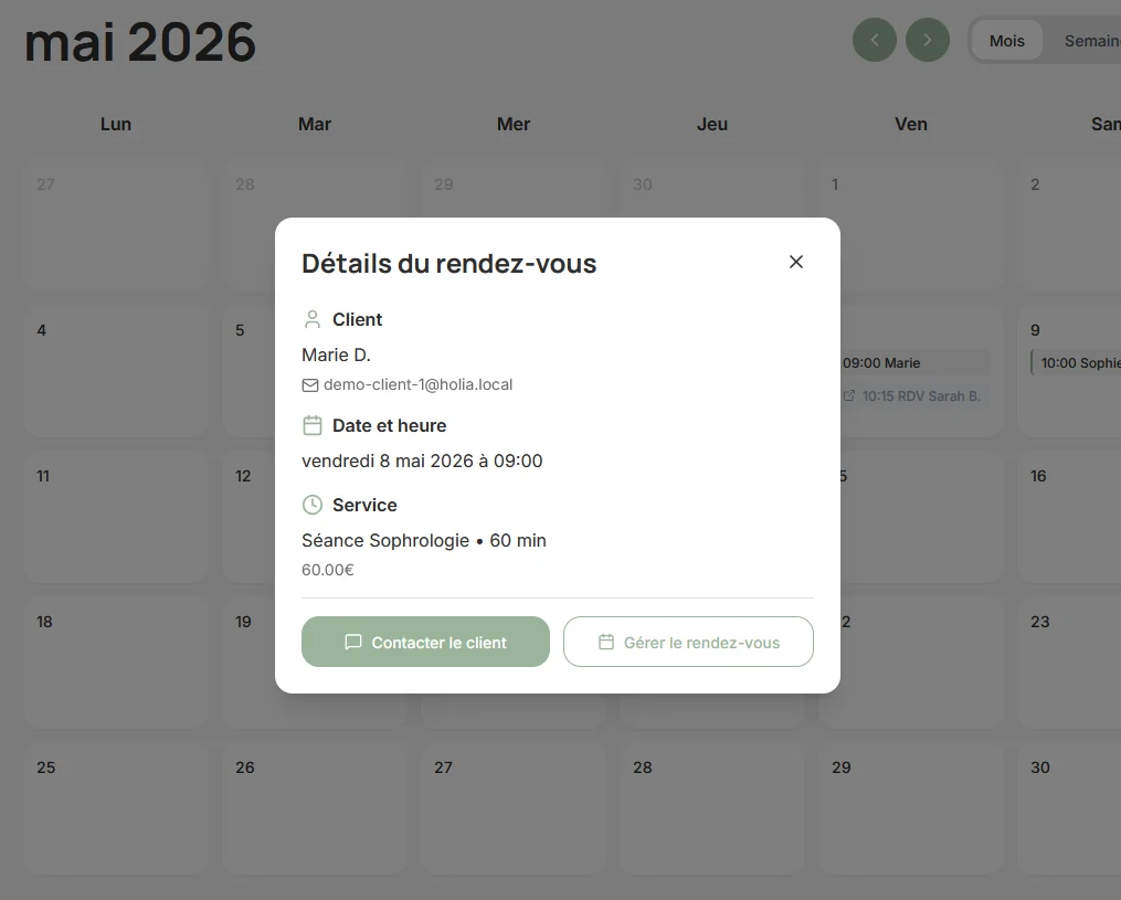 Holia Pro — agenda praticien, Modal détail rendez-vous