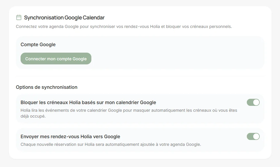 Holia Pro — agenda praticien, Synchronisation Google