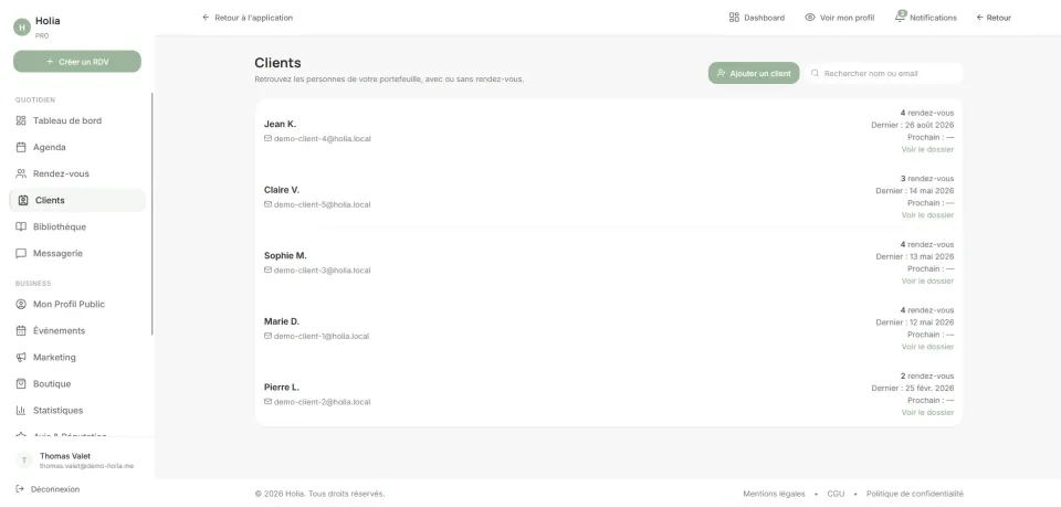 Interface Holia Pro pour la gestion des rendez-vous et des clients