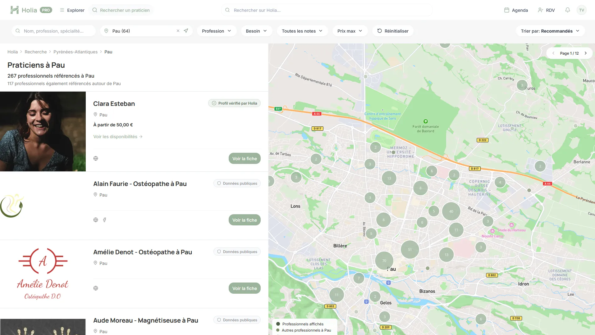 Interface de recherche Holia avec professionnels référencés et carte locale