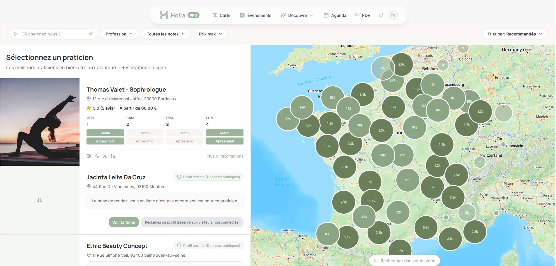 Capture Holia — carte des praticiens pour illustrer la visibilité locale sur les recherches