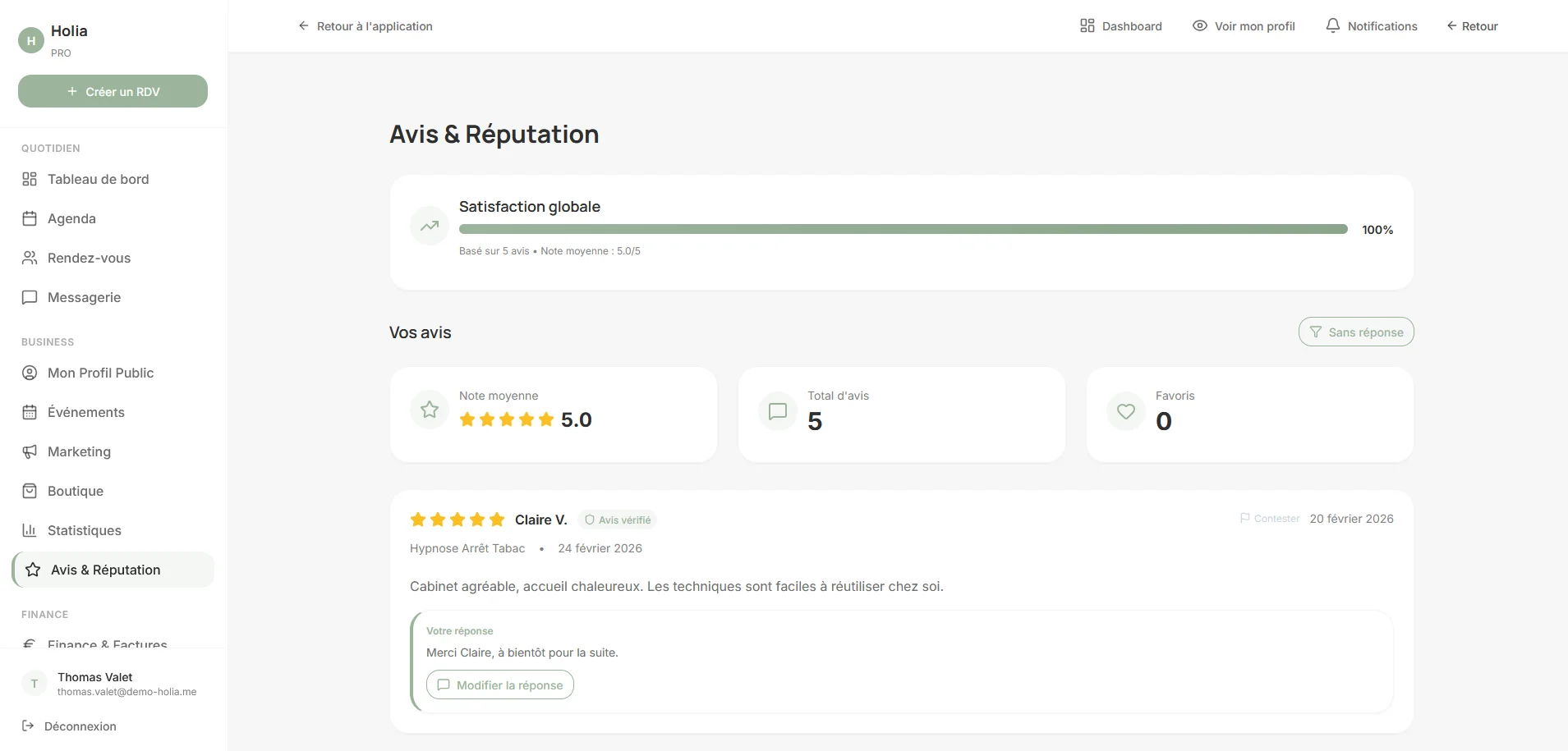 Capture Holia — gestion des avis et de la réputation praticien