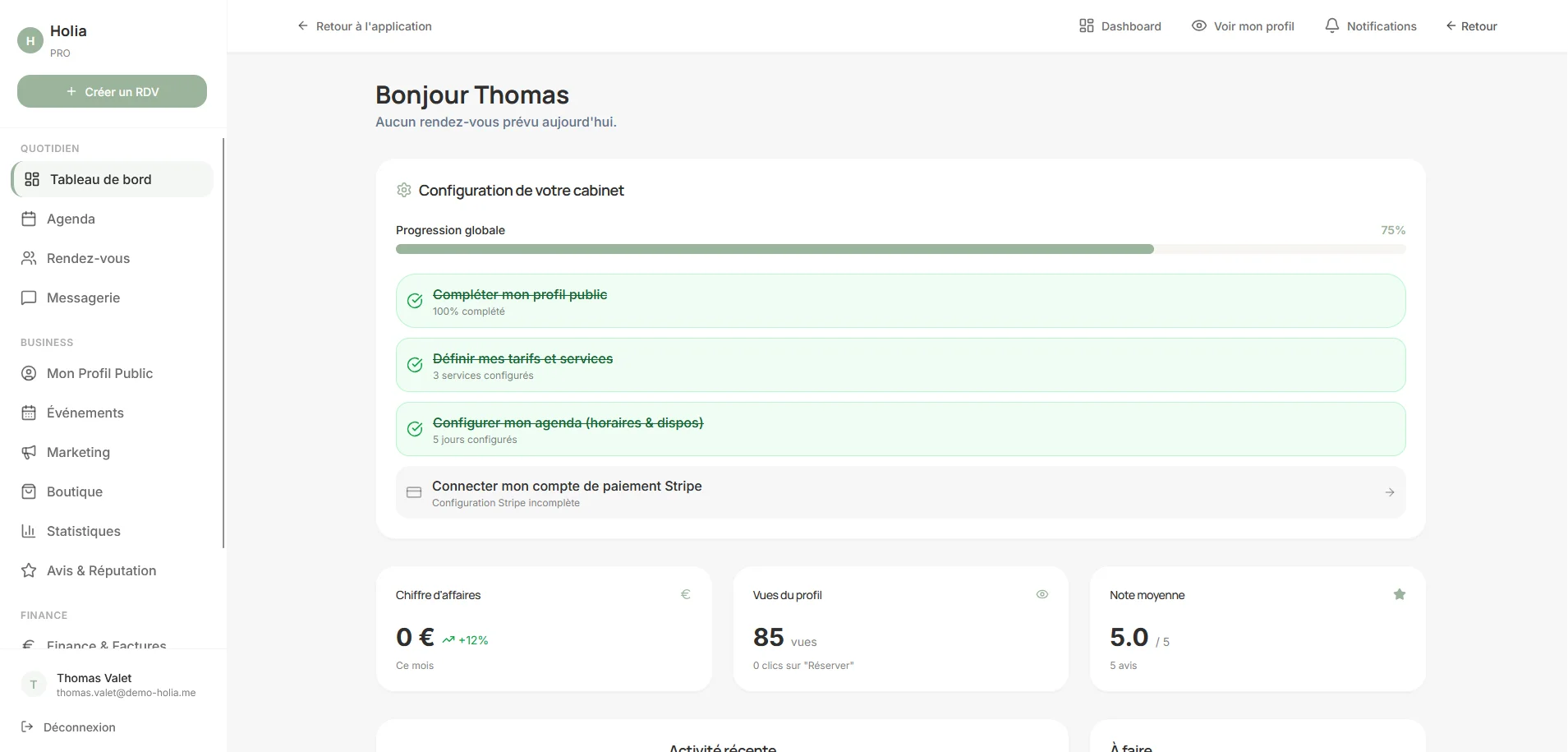 Capture Holia — tableau de bord praticien avec prochains rendez-vous