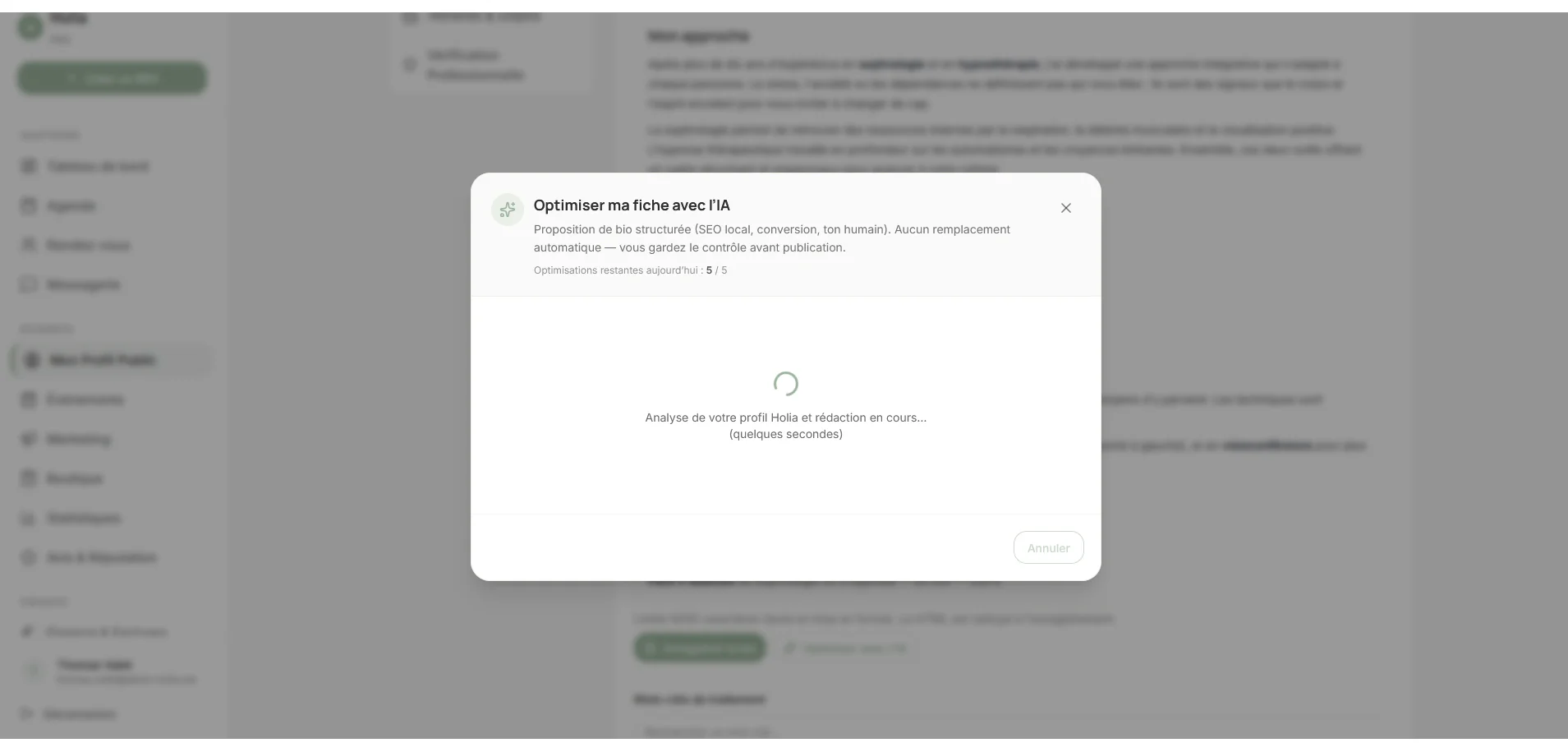 Capture Holia — interface d’aide à l’optimisation du texte de profil praticien