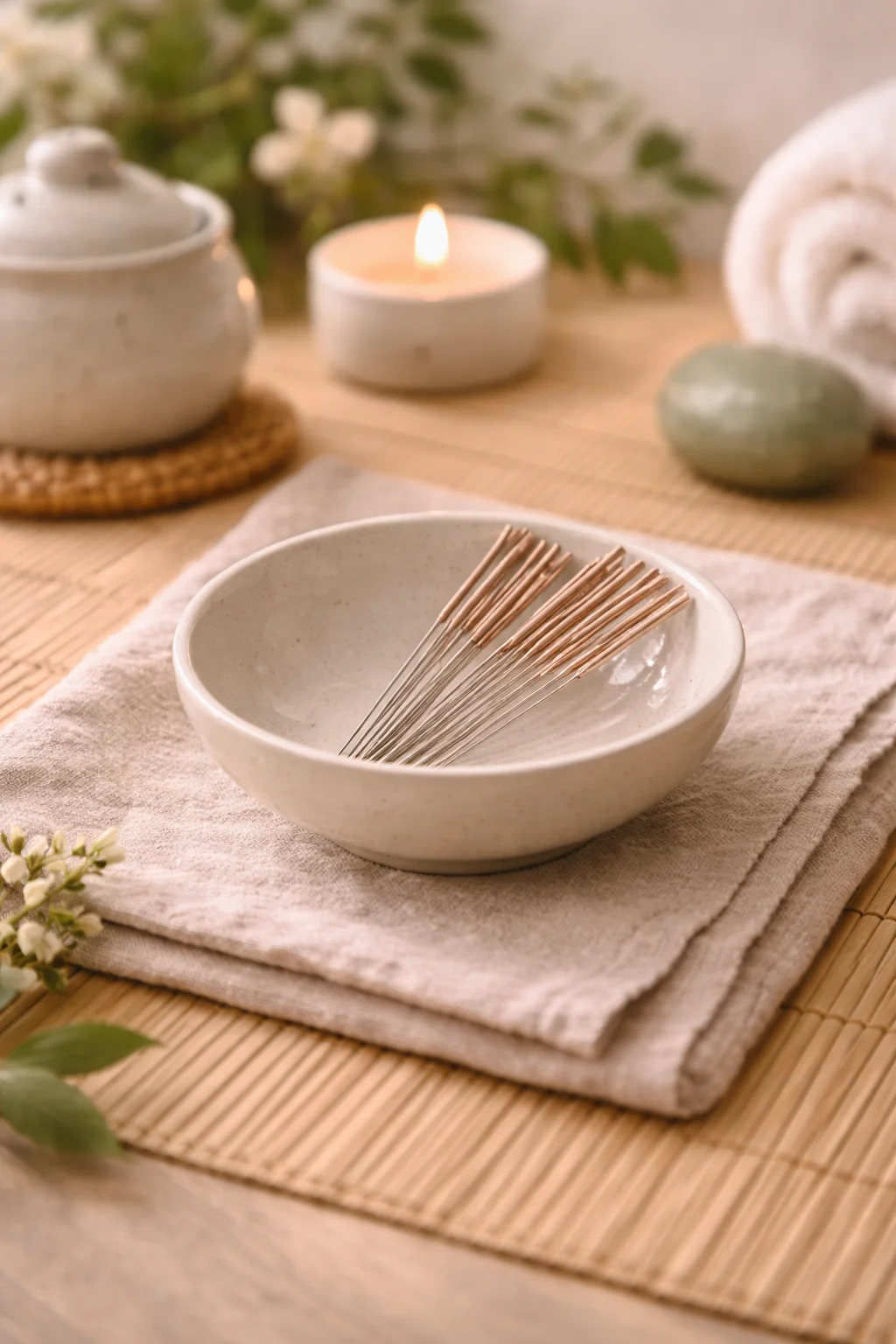 Aiguilles d'acupuncture fines dans bol en porcelaine, esthétique traditionnelle, soins d'acupuncture et médecine chinoise