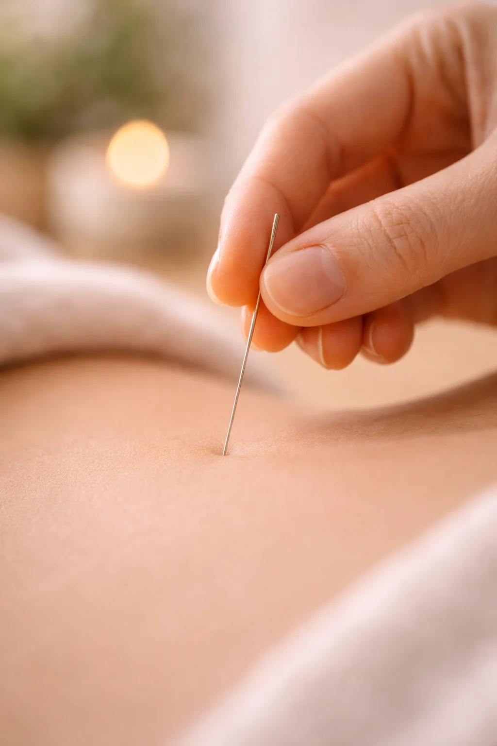 Praticien plaçant une aiguille en macro, éclairage serein, séance d'acupuncture