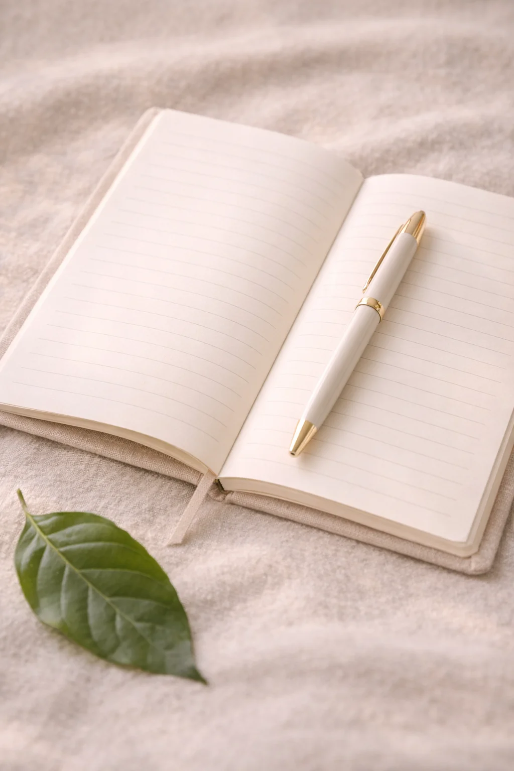 Journal en lin ouvert avec stylo élégant et feuille verte, coaching professionnel en développement personnel