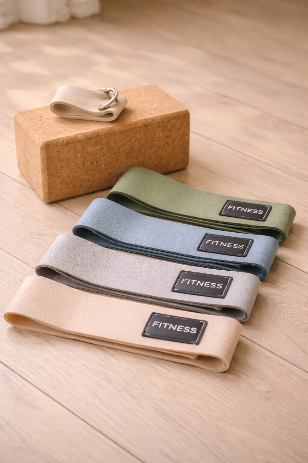 Bandes de résistance professionnelles et bloc de yoga en liège sur sol en bois clair, rééducation et kinésithérapie fonctionnelle