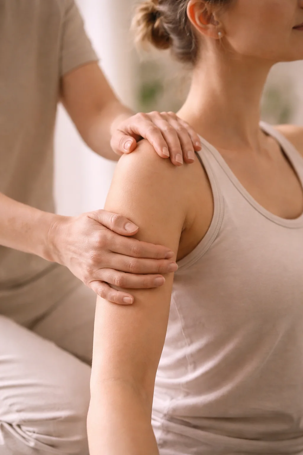 Praticien guidant un mouvement avec focus doux sur l'articulation, séance de rééducation