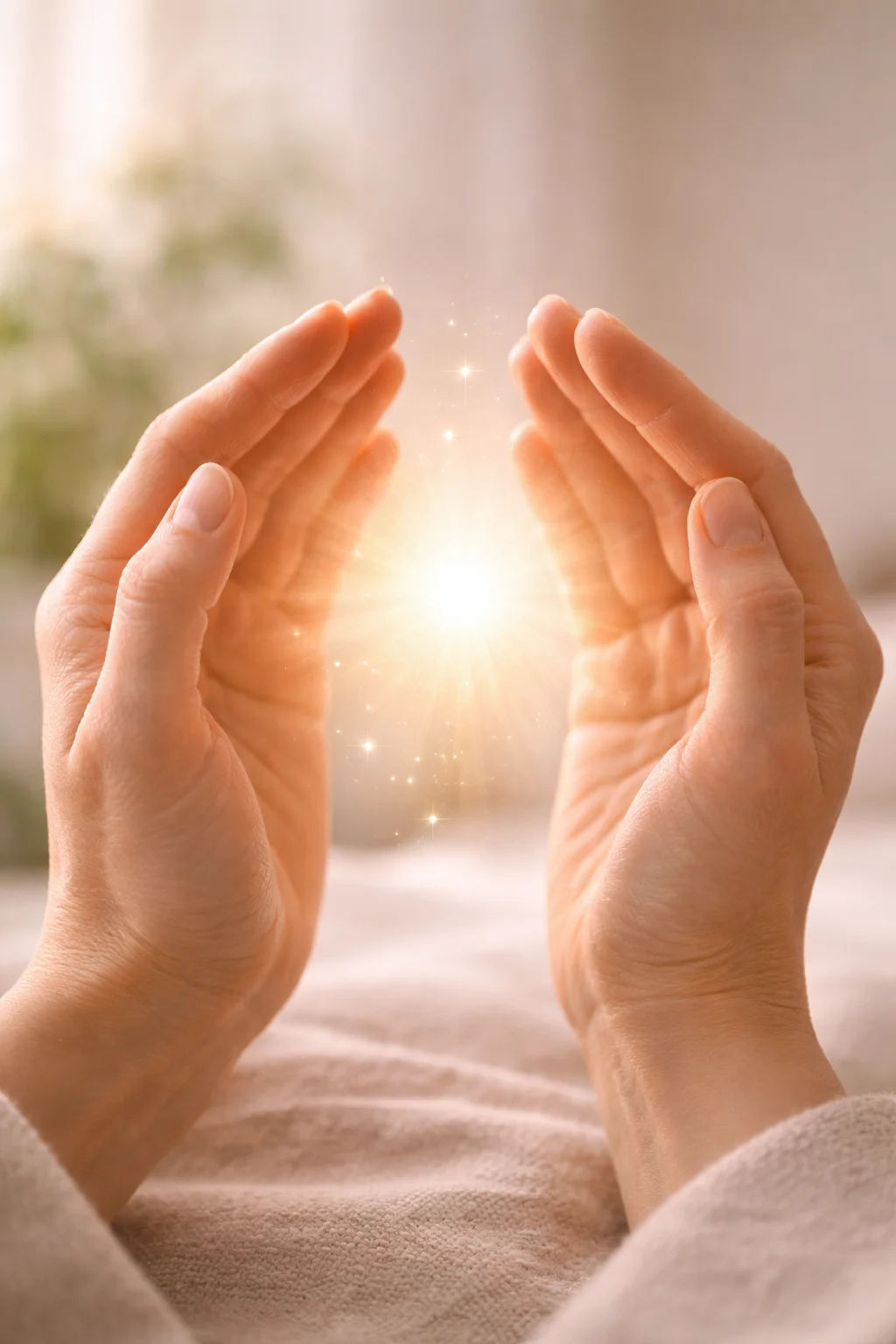 Mains écartées avec lumière naturelle entre elles, soins énergétiques et magnétisme curatif