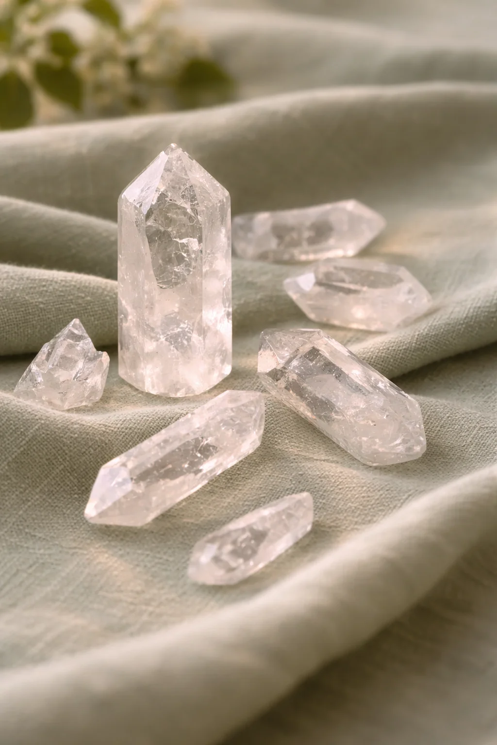 Cristaux de quartz transparents sur tissu vert sauge, séance de magnétisme