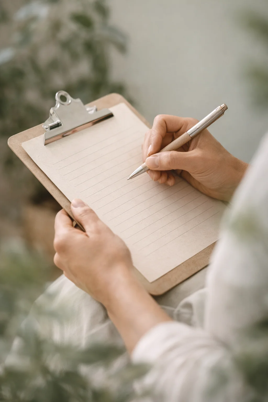 Mains de praticien écrivant sur un carnet, consultation personnalisée en naturopathie