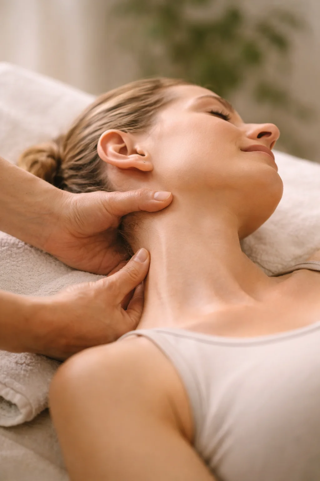 Mains effectuant un ajustement doux sur une nuque, séance d'ostéopathie thérapeutique