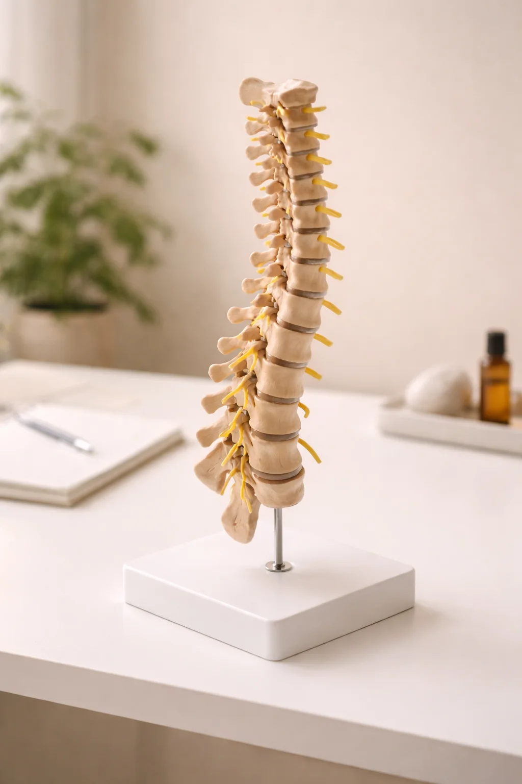 Modèle de colonne vertébrale en bois sur bureau minimaliste, consultation ostéopathique