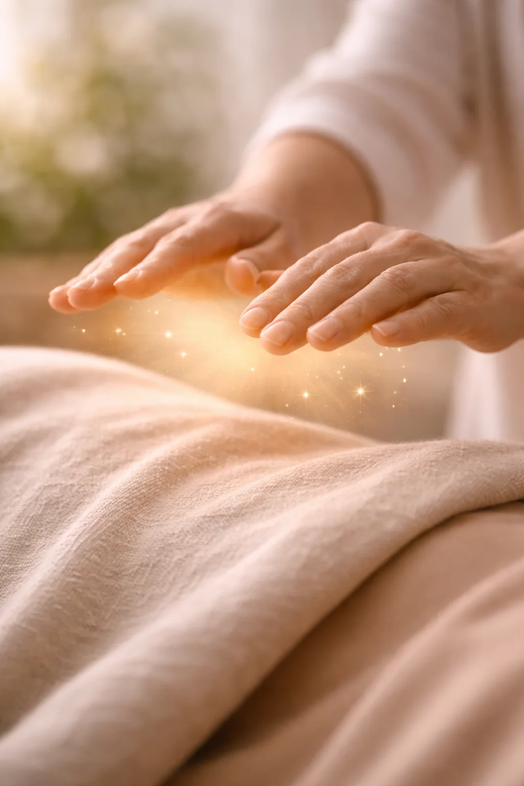 Mains floutées au-dessus d'un corps avec atmosphère d'énergie de guérison chaude, séance de Reiki et harmonisation énergétique