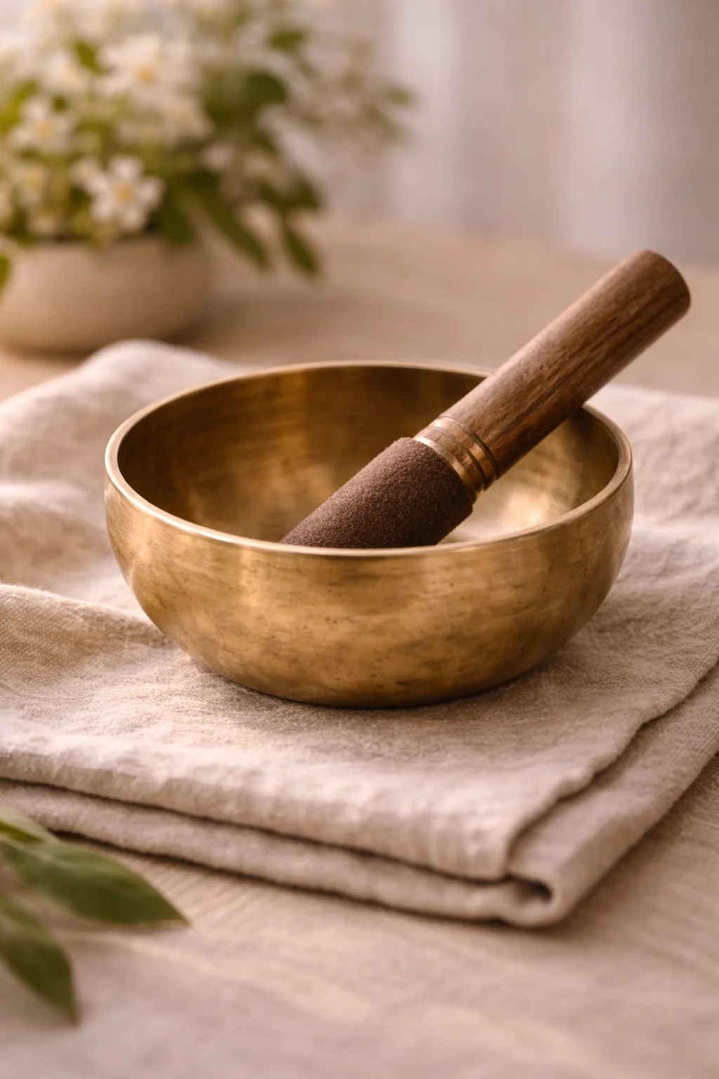 Bol chantant en laiton avec maillet en bois sur tissu en lin, séance de Reiki