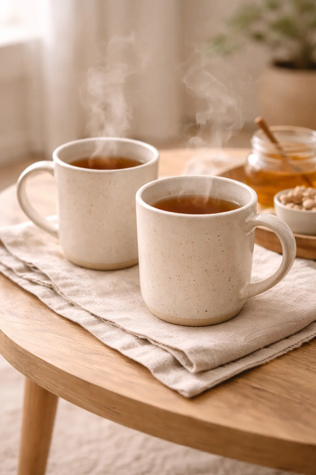 Deux tasses en céramique avec thé fumant sur table basse en bois, consultation psychologique et soutien émotionnel