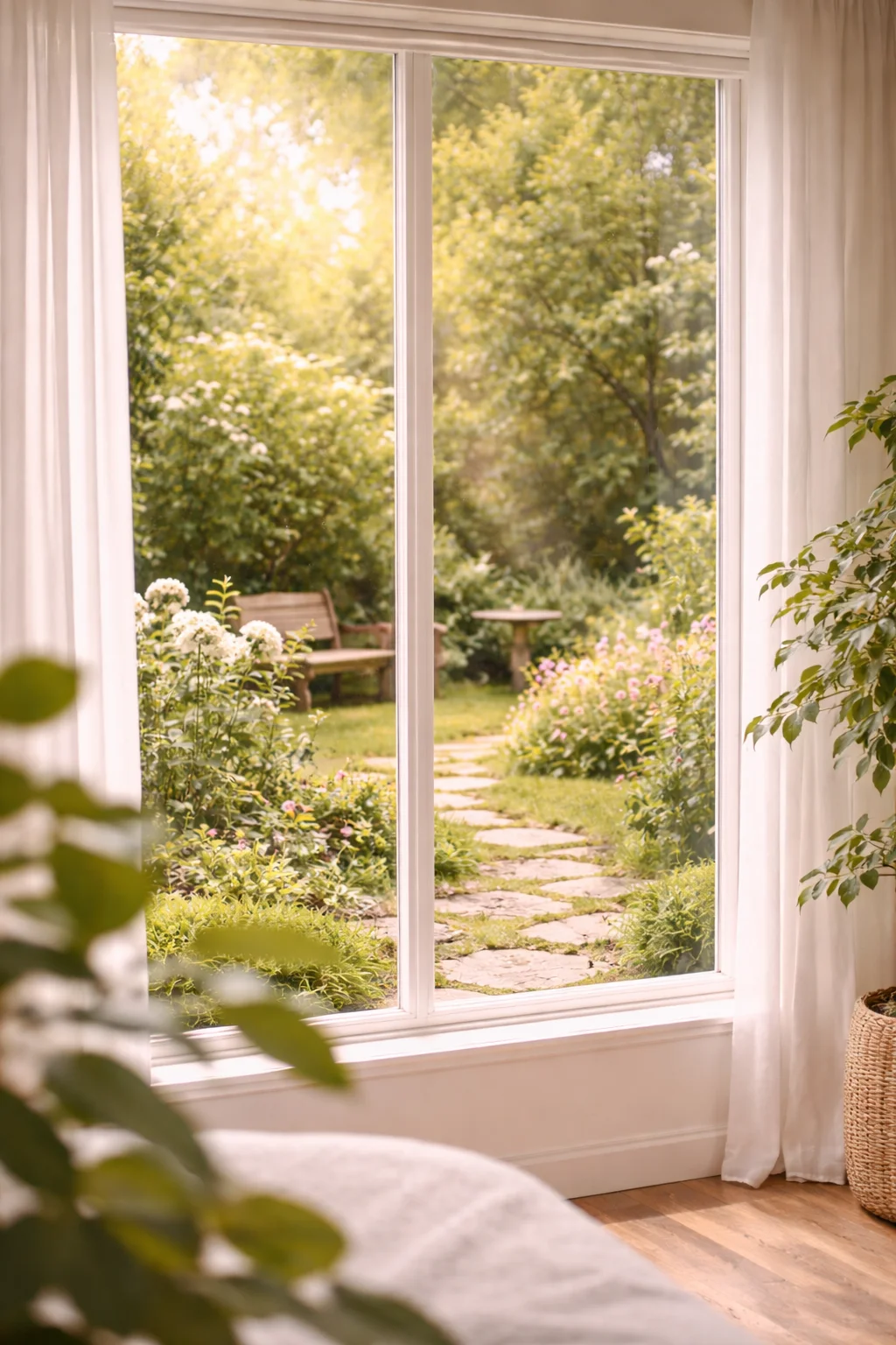 Vue sur jardin paisible depuis grande fenêtre avec végétation intérieure floutée, cabinet de psychologie