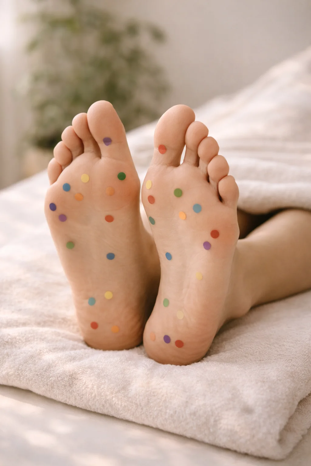Pieds reposant sur serviette douce avec focus sur les points d'acupression, réflexologie plantaire pour détente profonde
