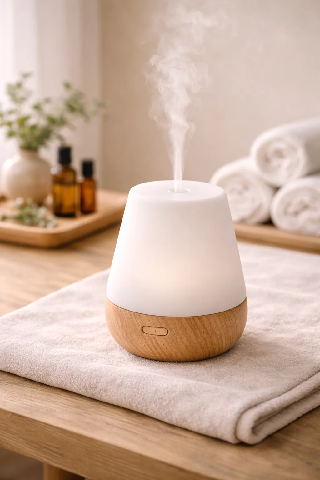 Diffuseur d'huiles essentielles avec vapeur subtile dans environnement spa moderne, séance de réflexologie