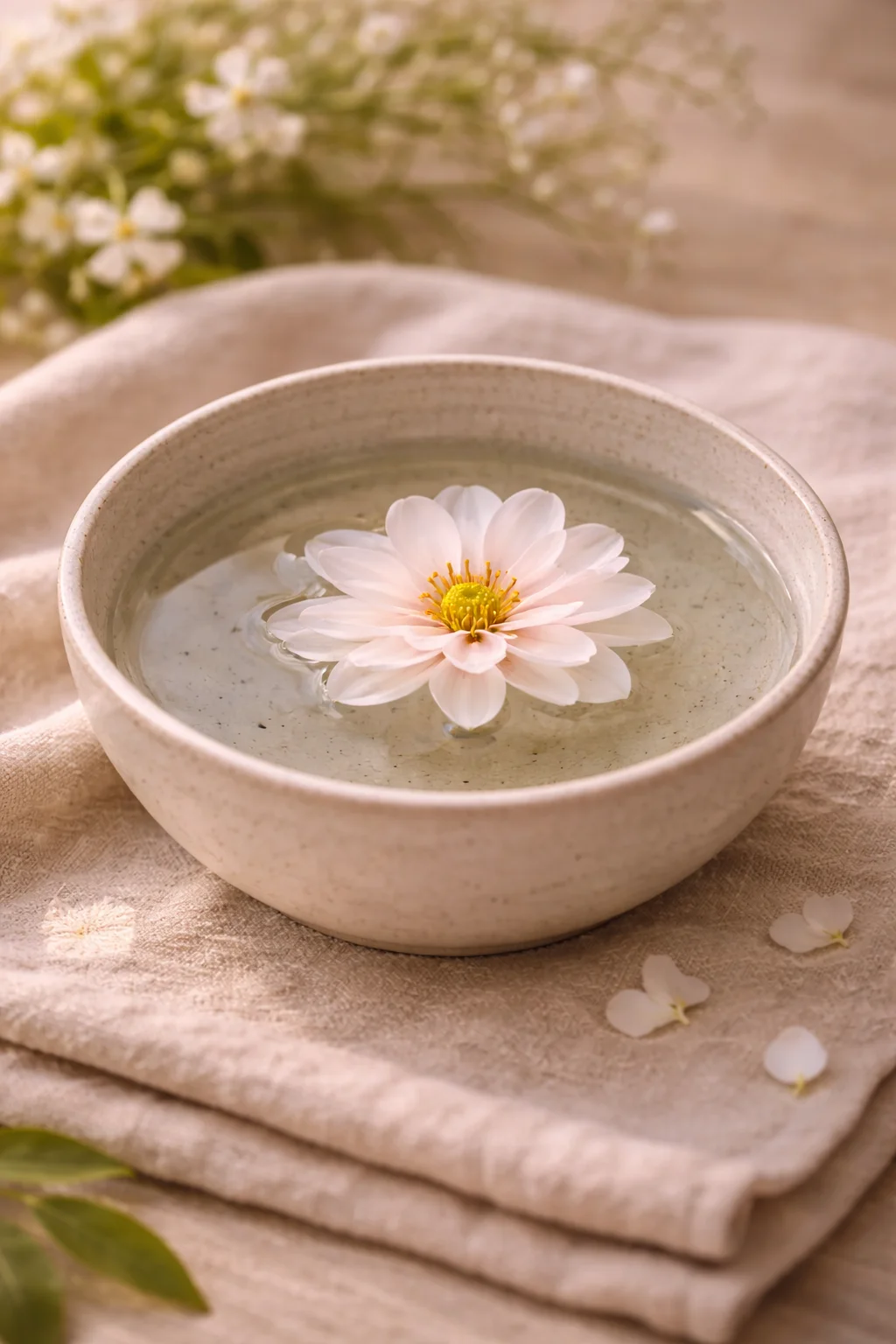 Bol en céramique rempli d'eau claire avec fleur flottante, thérapie holistique et approche globale du corps