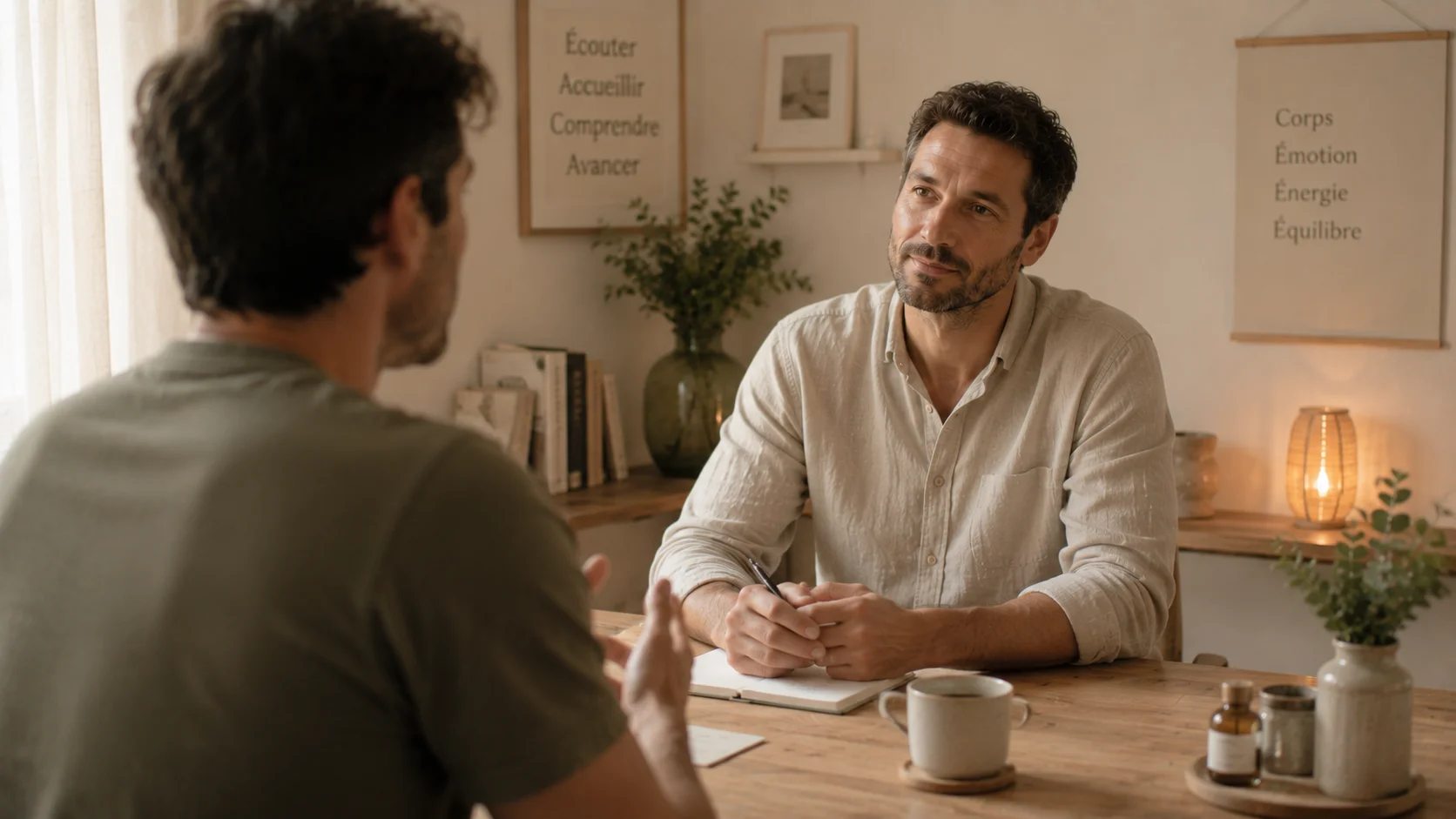 Accompagnement bien-être, mains posées, cadre posé.