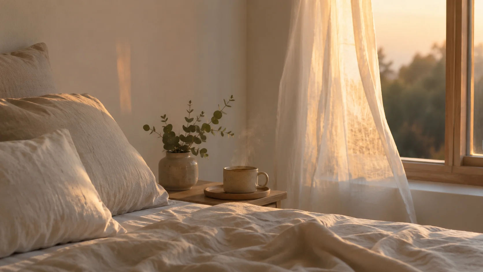 Intérieur apaisant, lumière douce, air de coucher calme.
